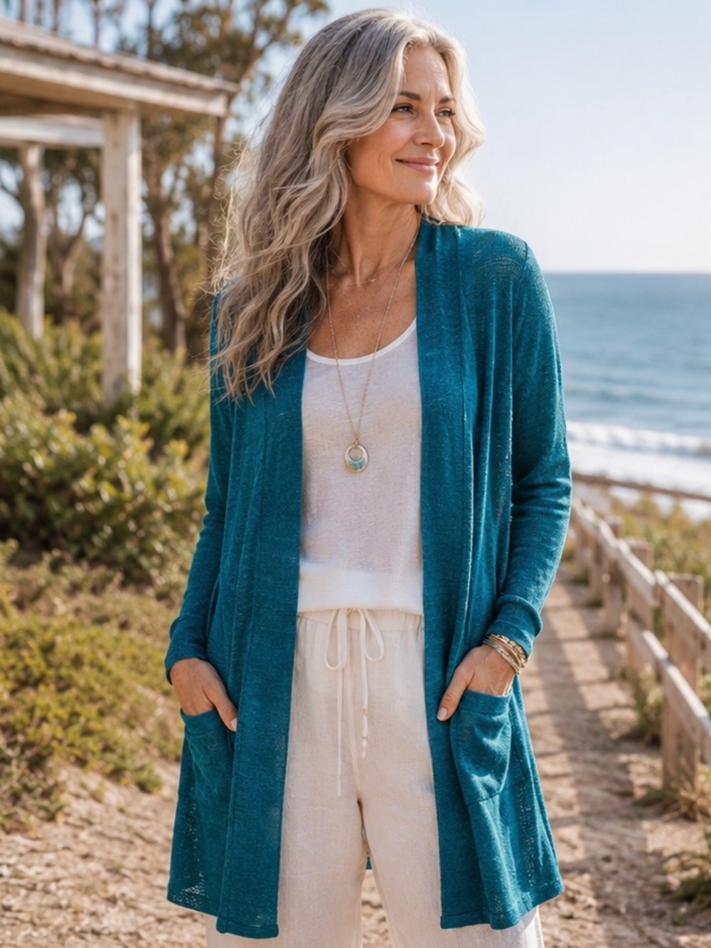 NWT J. Jill Mediterranean Teal Linen Blend Open Front Cardigan Sweater Small